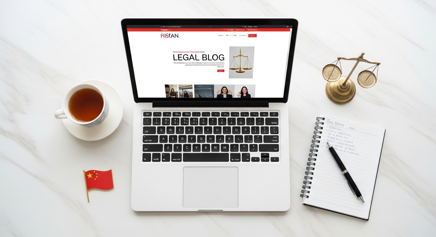 A clean, modern flat-lay image of a laptop open to a legal blog website, surrounded by a Chinese tea cup, a notebook with legal notes, a pen, and small Chinese flag pin on a white marble desk. Bright, minimal, professional aesthetic. Top-down perspective. 