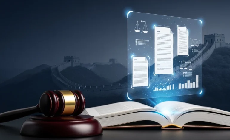 A professional and modern legal concept image showing the Great Wall of China subtly blended in the background, with a foreground of an open law book, a wooden gavel, and digital legal documents glowing on a transparent screen. Color palette: deep navy blue, gold, and white. Clean, corporate, editorial photography style. No text overlay in CNLawBlog