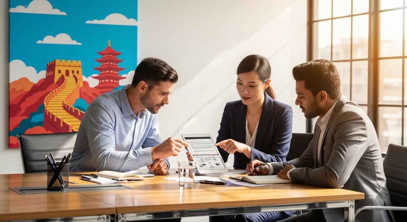 A diverse group of three professionals — one East Asian woman, one Western man, one South Asian man — gathered around a modern conference table in a bright office, reviewing legal documents together on a tablet. Chinese landmark art visible on the office wall behind them. Collaborative, inclusive, professional atmosphere. Natural daylight, warm tones. 