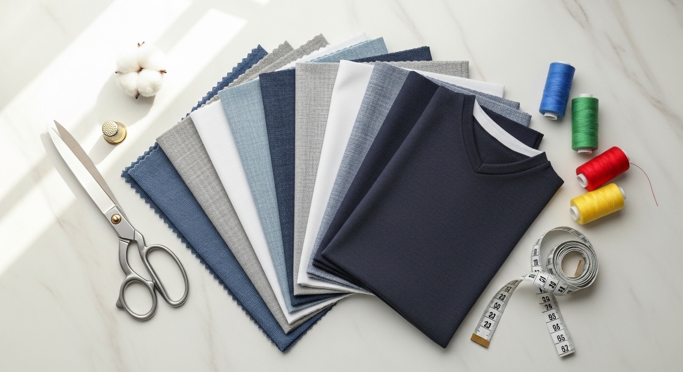 Multiple fabric swatches including cotton linen denim silk and jersey arranged in a fan pattern with scissors thimble thread spools and measuring tape on a white marble surface