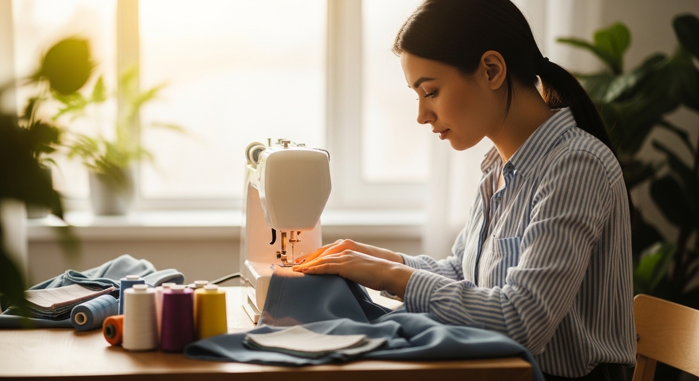 Young woman sewing blue fabric on a white domestic sewing machine near a bright window with thread spools and fabric swatches arranged on a wooden worktable