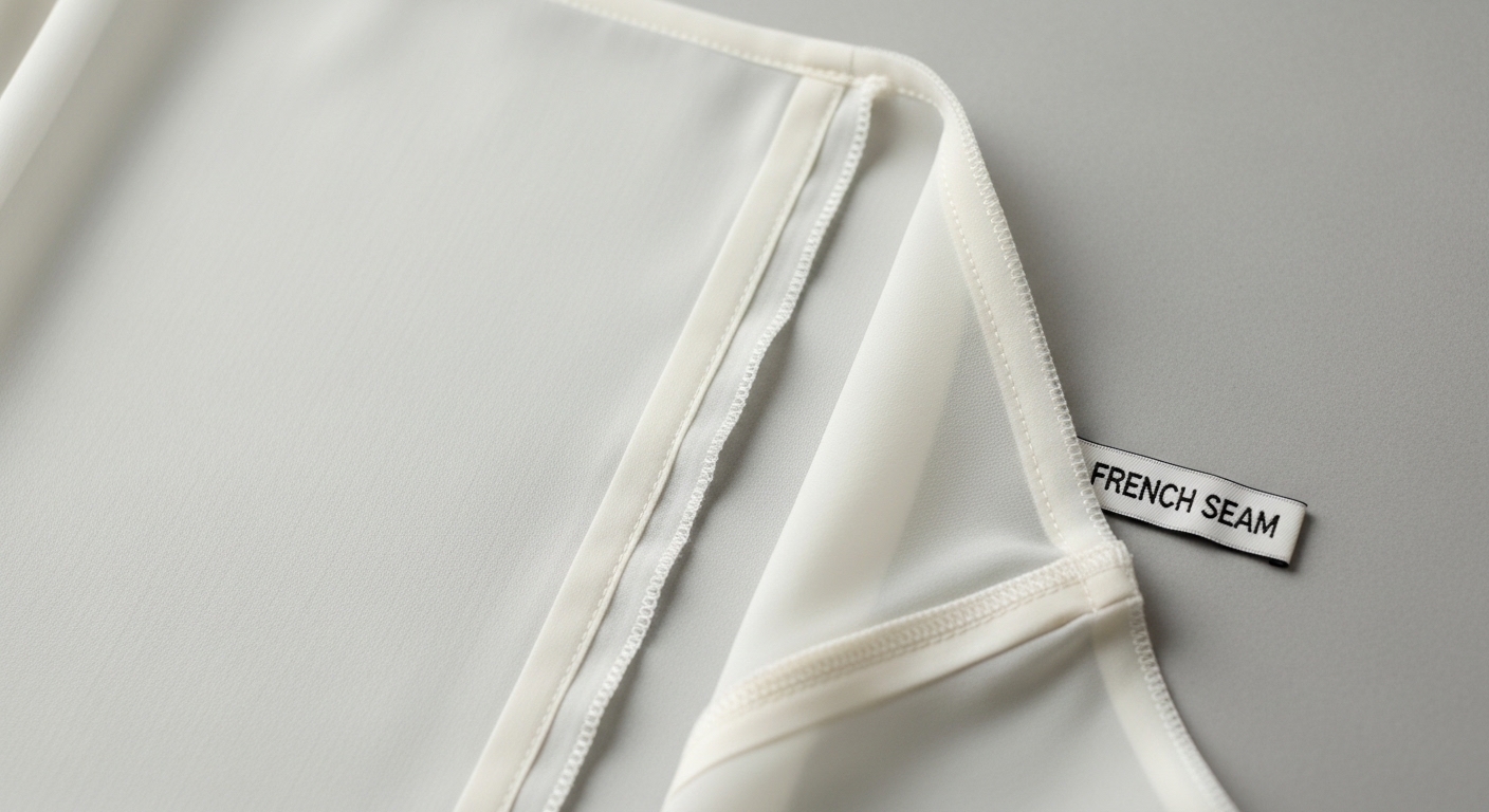 Close-up of an ivory silk chiffon fabric laid flat showing a neat french seam running vertically with no raw edges or loose threads visible on either side