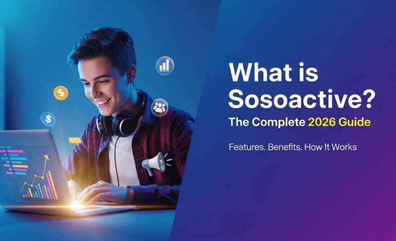 Sosoactive complete guide 2026 cover image showing a content creator with analytics dashboard, features, benefits and how it works