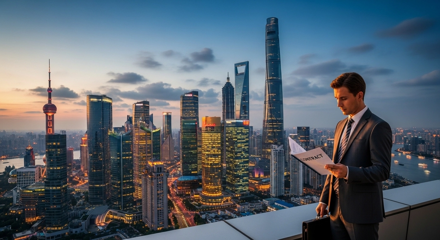 A wide aerial view of Shanghai's Pudong financial district skyline at dusk, with glass skyscrapers reflecting golden light. In the foreground, a businessperson in a suit holds a briefcase while reviewing a contract document. The mood is serious, professional, and global. Editorial stock photo style. 