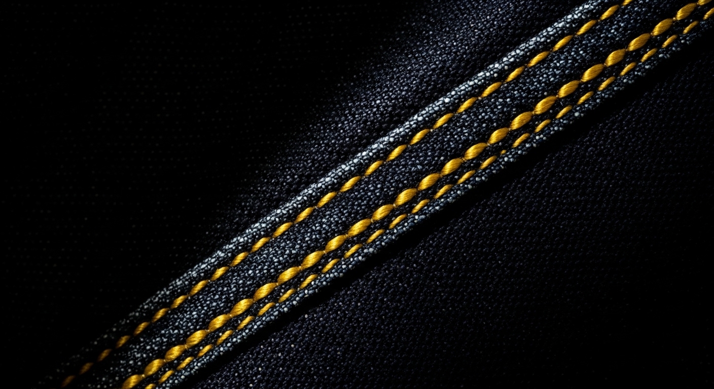 Close-up of dark indigo denim fabric showing a flat-felled seam with two parallel rows of yellow topstitching highlighting the strong double-stitched construction used in jeans