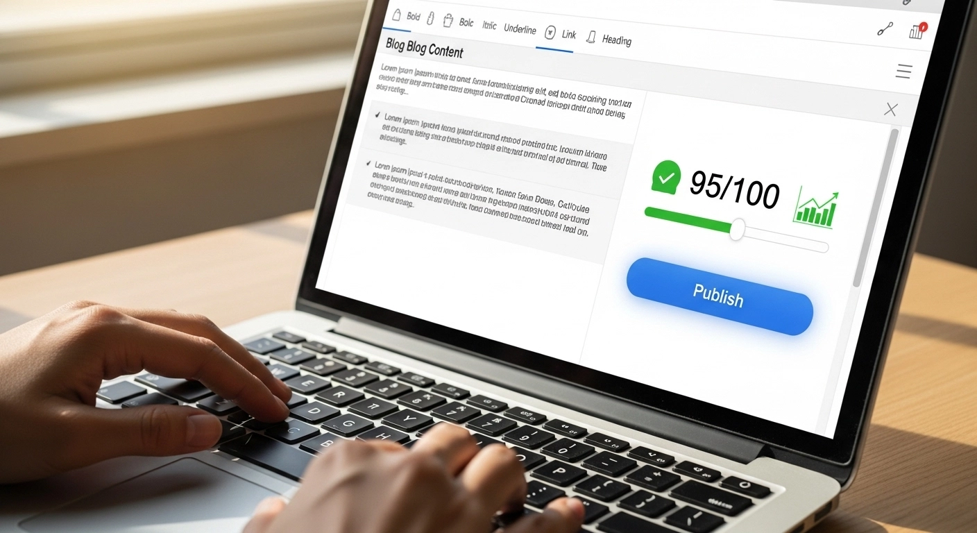 Content creator using Sosoactive built-in blog editor with SEO score showing 95 out of 100
